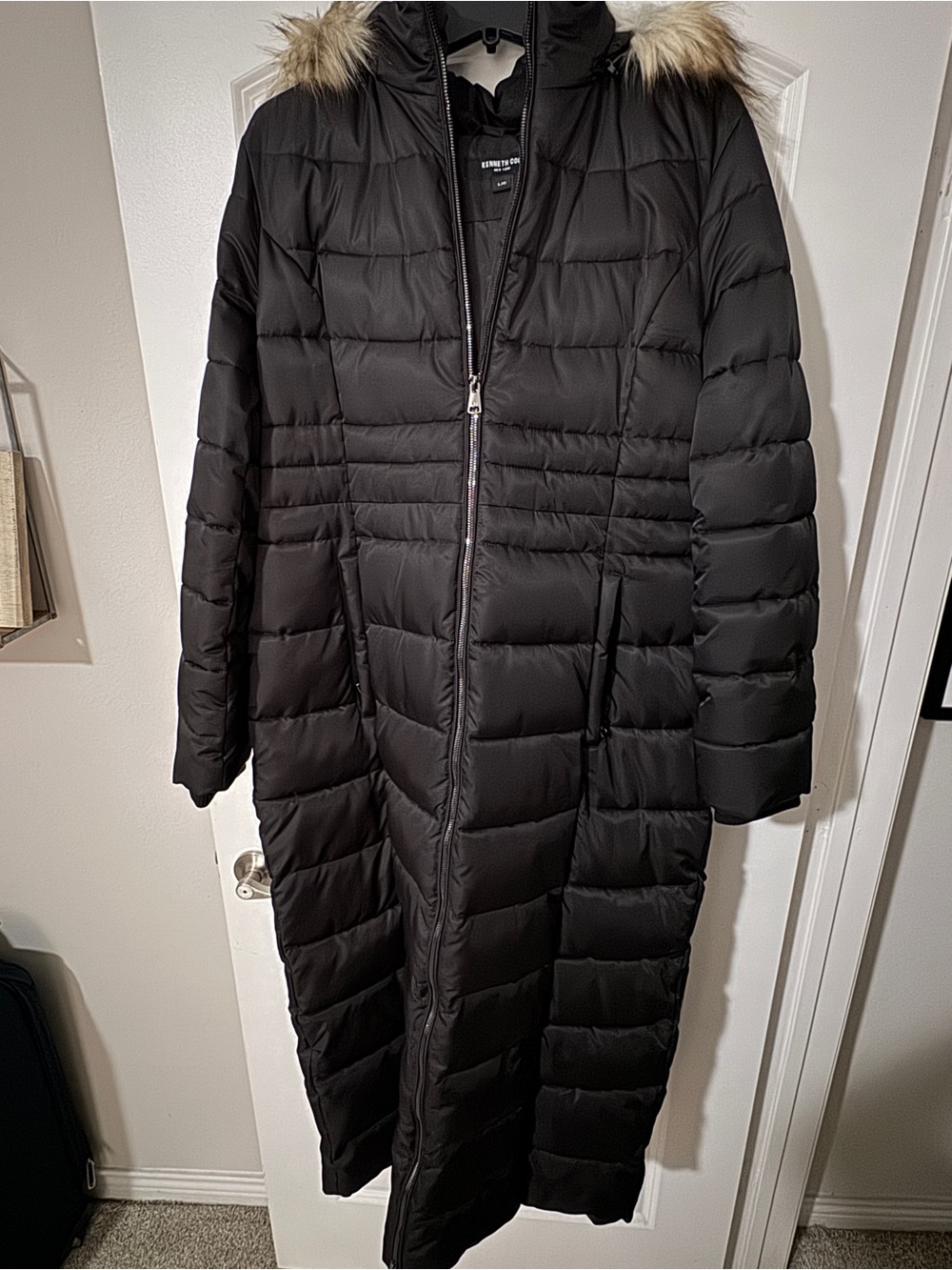 Long Black Quilted Puffer Coat with Faux Fur Hood